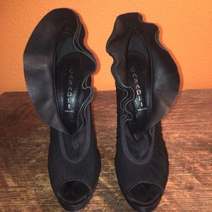 Casadei leather and silk chiffon 4 inch pumps.